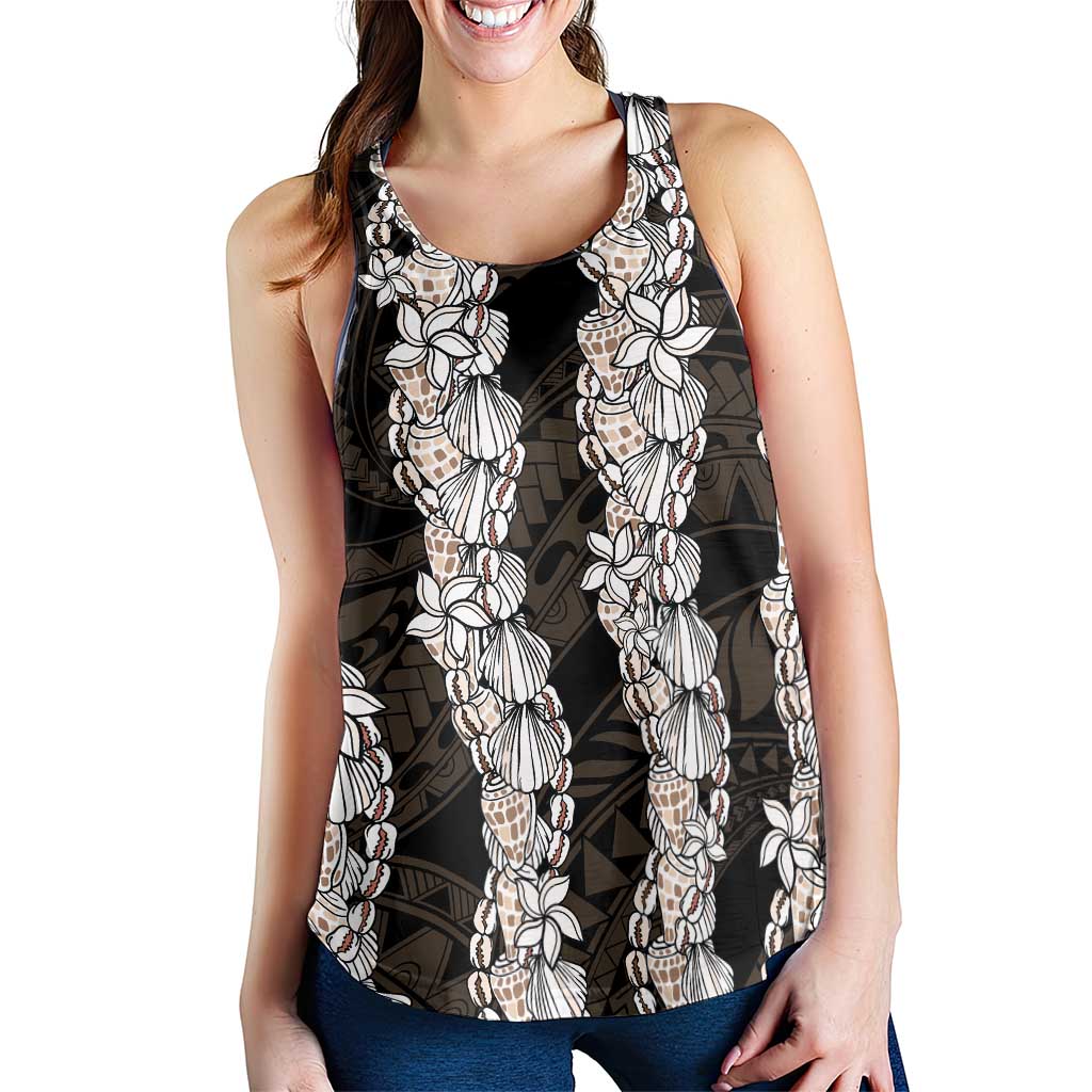 Black and Beige Hawaii Shell Lei Women Racerback Tank Hawaiian Sunrise Shell Hebrew Cone Plumeria LT14 - Polynesian Pride