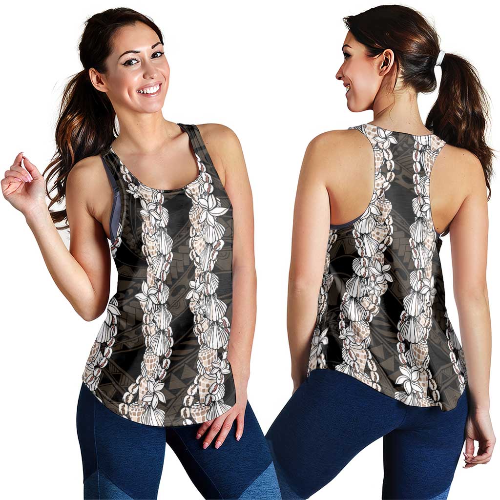 Black and Beige Hawaii Shell Lei Women Racerback Tank Hawaiian Sunrise Shell Hebrew Cone Plumeria LT14 - Polynesian Pride