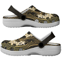 Black and Gold Hawaii Clogs Shoes Hammerhead Shark Tattoo Curve Polynesian - Polynesian Pride