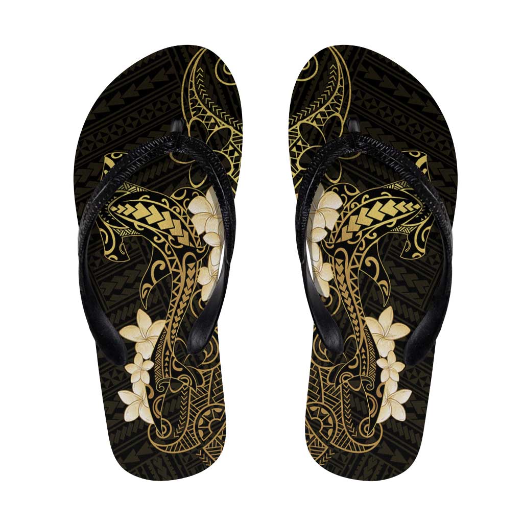 Black and Gold Hawaii Flip Flops Hammerhead Shark Tattoo Curve Polynesian - Polynesian Pride