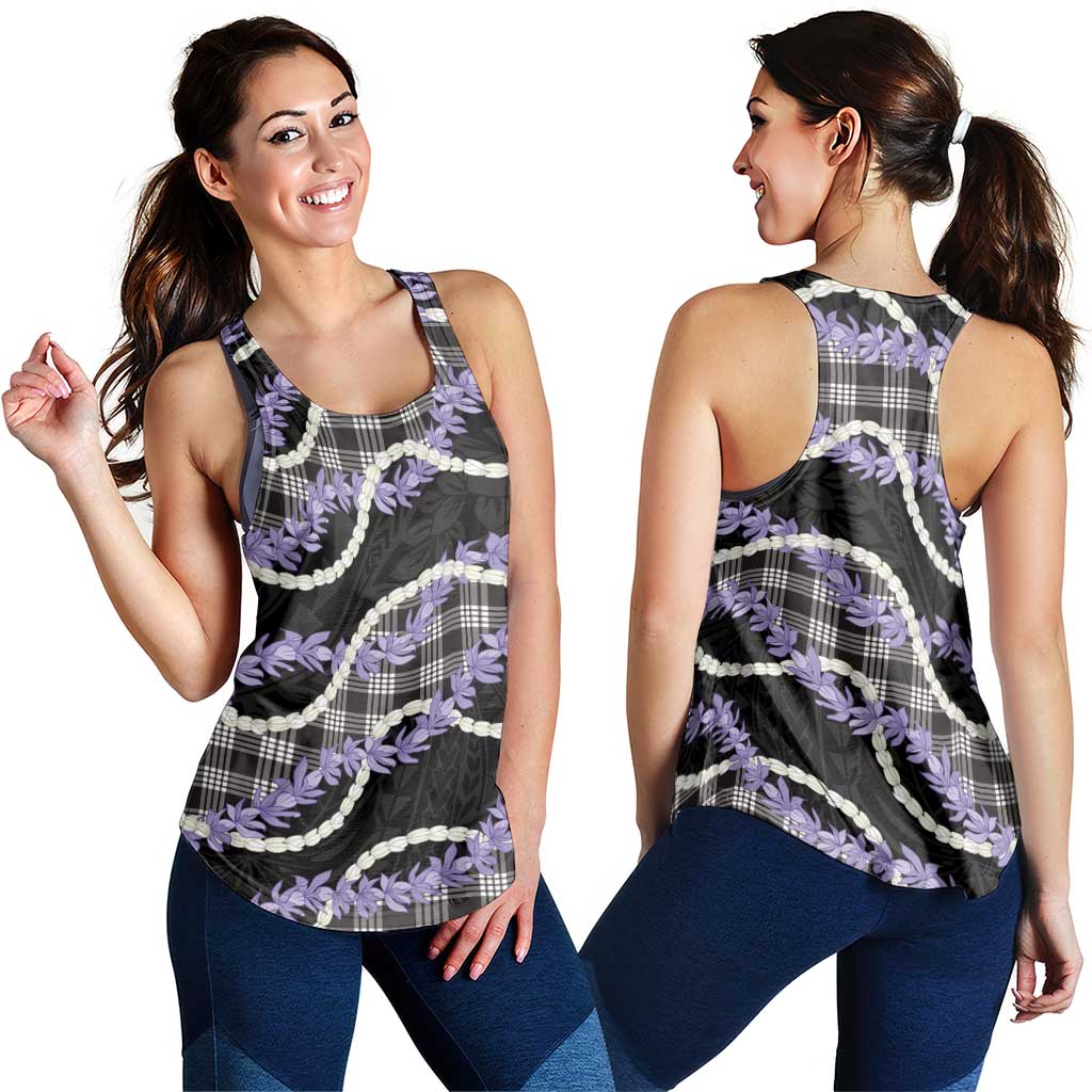 Black Hawaii Palaka Honohono Pikake Women Racerback Tank Hawaiian Orchid Lei Polynesian Pattern - Polynesian Pride