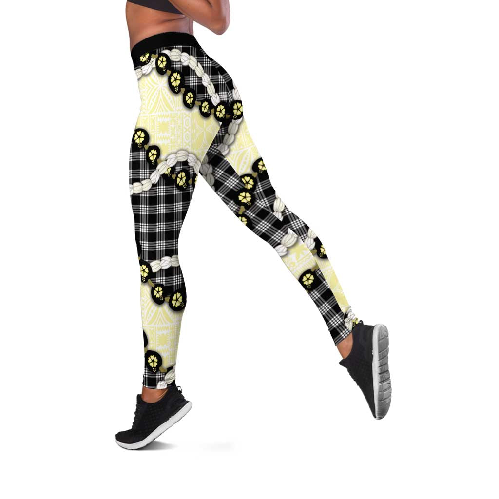 Black Palaka Hawaii Leggings Kukui Nut Pikake Lei Hawaiian Tapa Pattern - Polynesian Pride