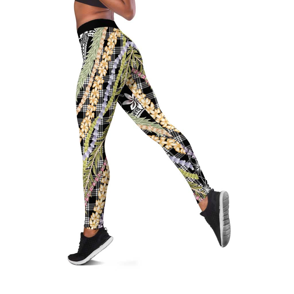 Black Palaka Hawaii Leis Leggings Hawaiian-plaid Elegant Tropical Vibes - Polynesian Pride