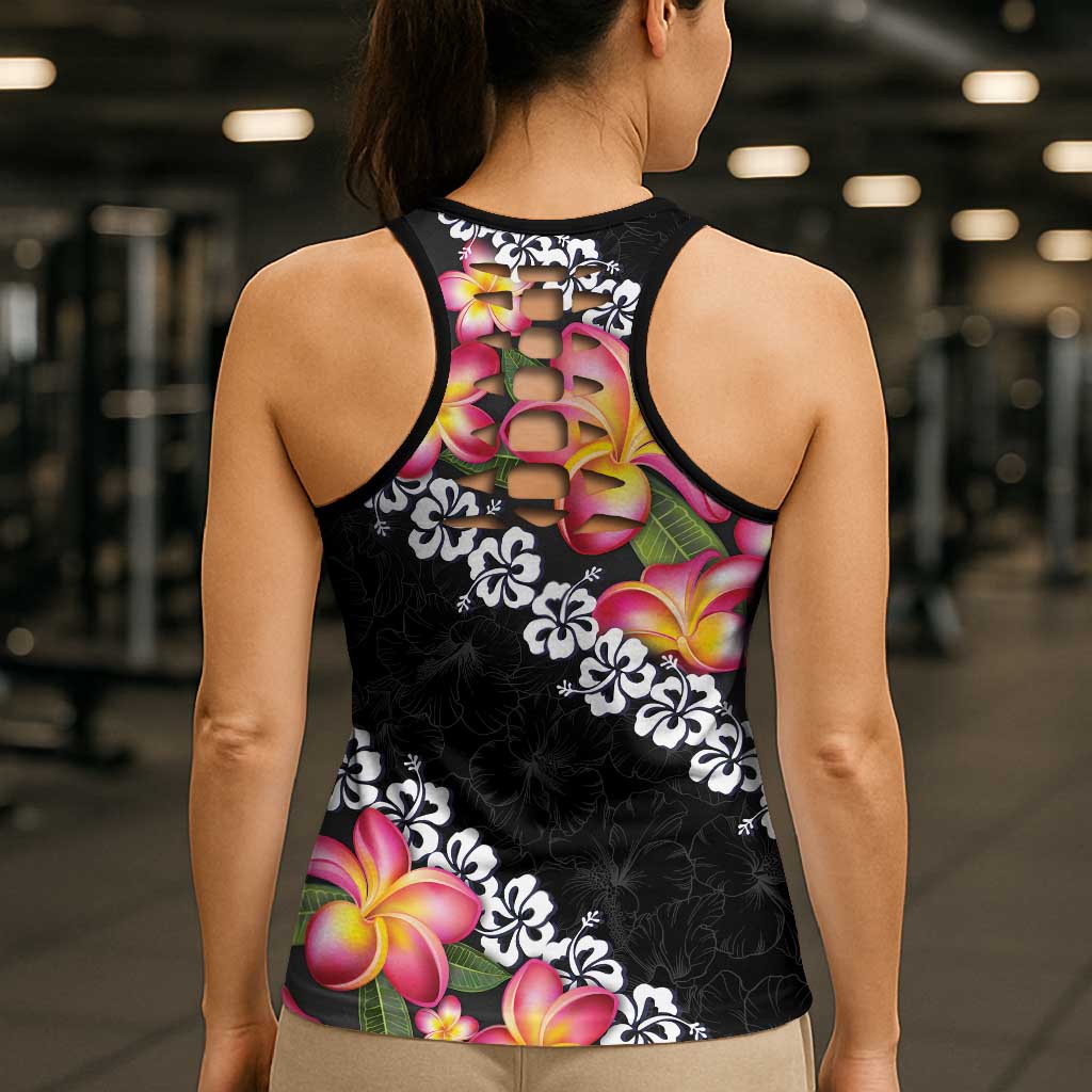 Black Polynesia Hollow Tank Top Plumeria With Hibiscus Pattern Tropical Vibes - Polynesian Pride