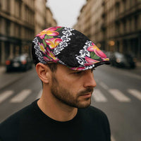 Black Polynesia Jeff Hat Plumeria With Hibiscus Pattern Tropical Vibes - Polynesian Pride