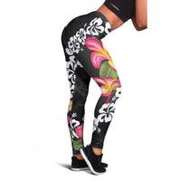 Black Polynesia Leggings Plumeria With Hibiscus Pattern Tropical Vibes LT14 - Polynesian Pride