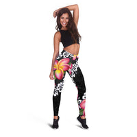 Black Polynesia Leggings Plumeria With Hibiscus Pattern Tropical Vibes LT14 - Polynesian Pride