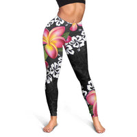 Black Polynesia Leggings Plumeria With Hibiscus Pattern Tropical Vibes LT14 - Polynesian Pride