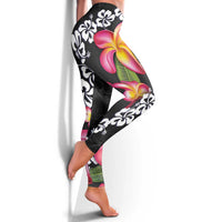 Black Polynesia Leggings Plumeria With Hibiscus Pattern Tropical Vibes LT14 - Polynesian Pride