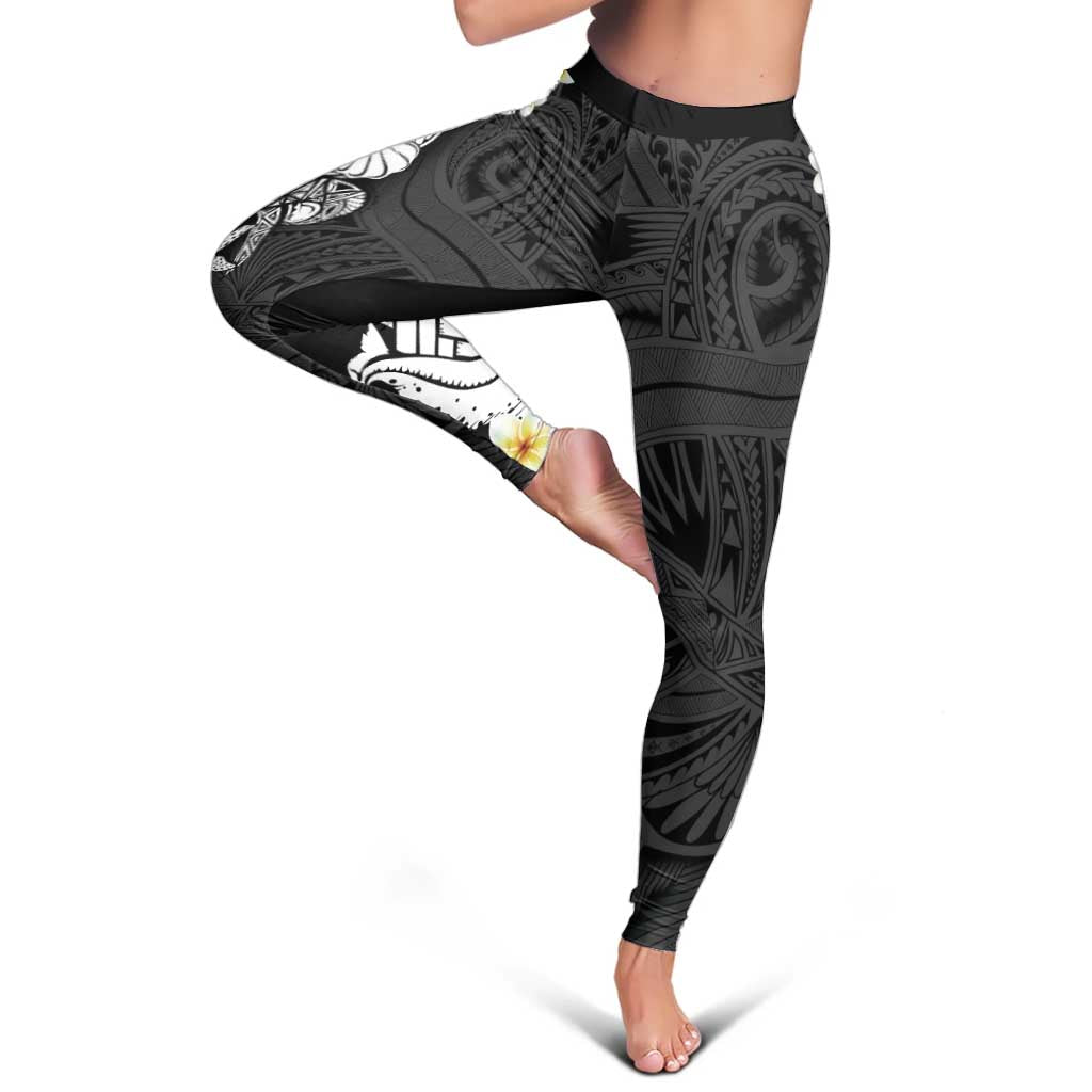 Black Samoa Tattoo Leggings Plumeria Samoan Ocean Tatau Pattern - Polynesian Pride