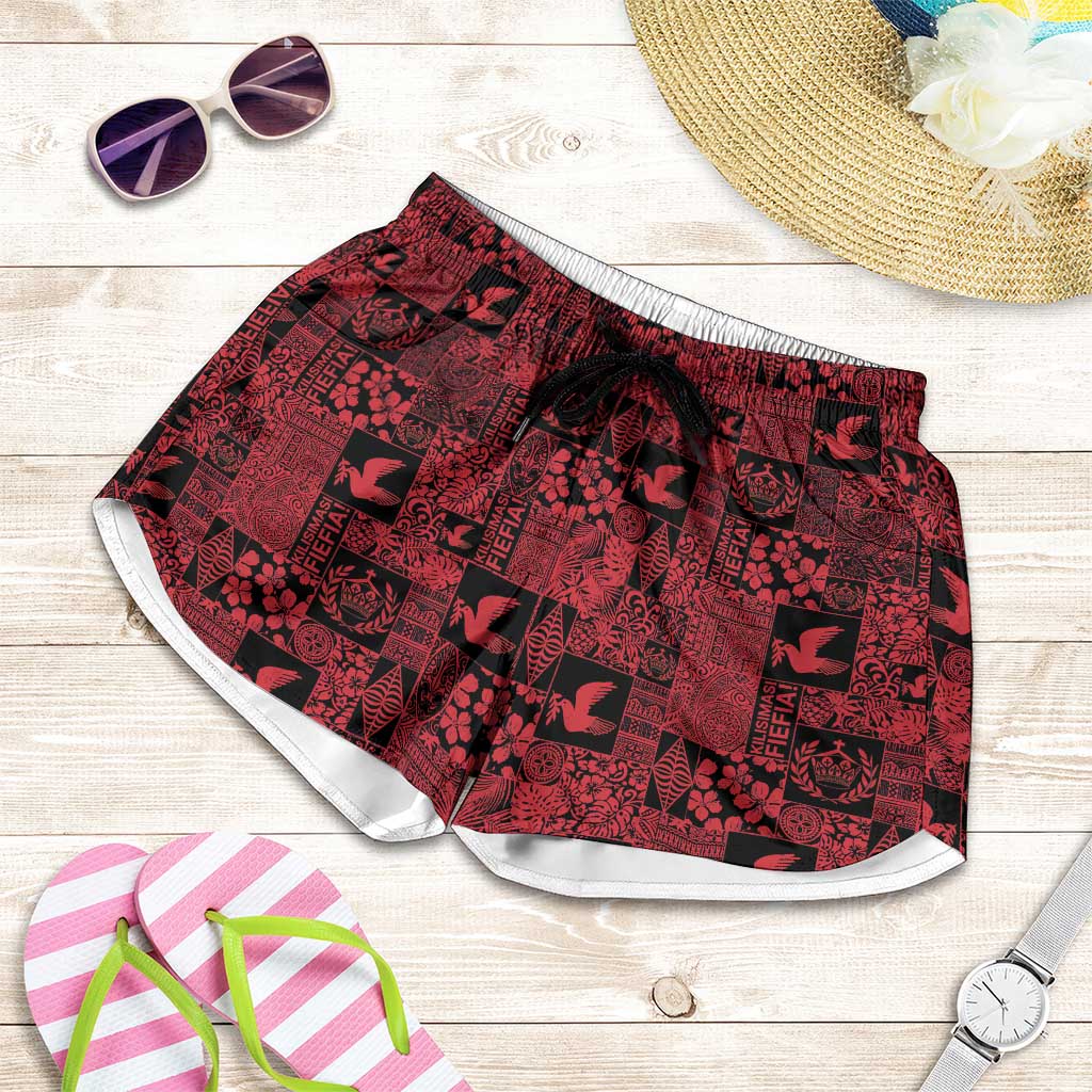 Black Tonga Kilisimasi Fiefia Shorts for Women Pacific Patchwork Xmas Vibes - Polynesian Pride