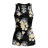 Black Tropical Hawaii Hollow Tank Top Seamless Monstera Plumeria Hawaiian Pattern - Polynesian Pride