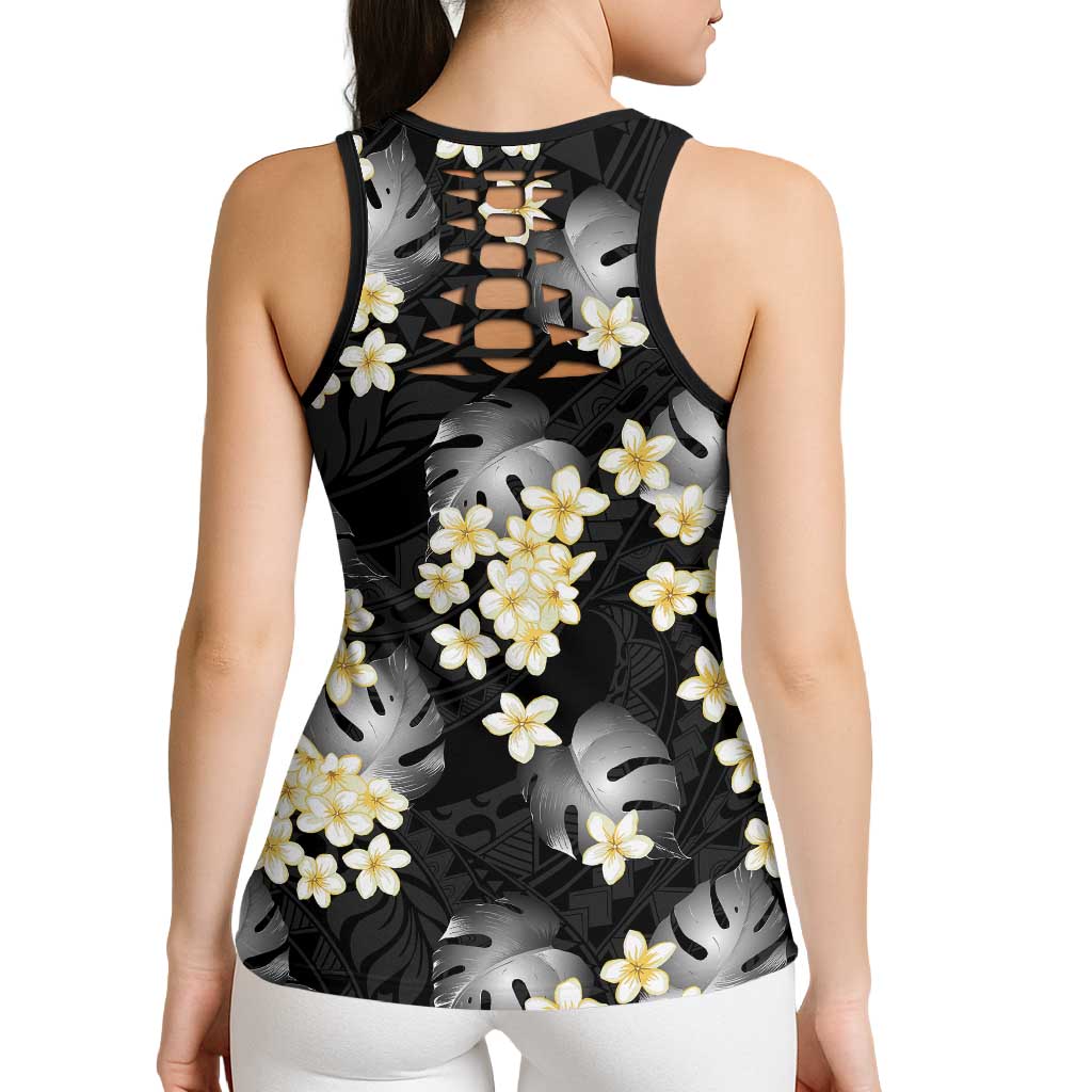 Black Tropical Hawaii Hollow Tank Top Seamless Monstera Plumeria Hawaiian Pattern - Polynesian Pride