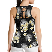 Black Tropical Hawaii Hollow Tank Top Seamless Monstera Plumeria Hawaiian Pattern - Polynesian Pride