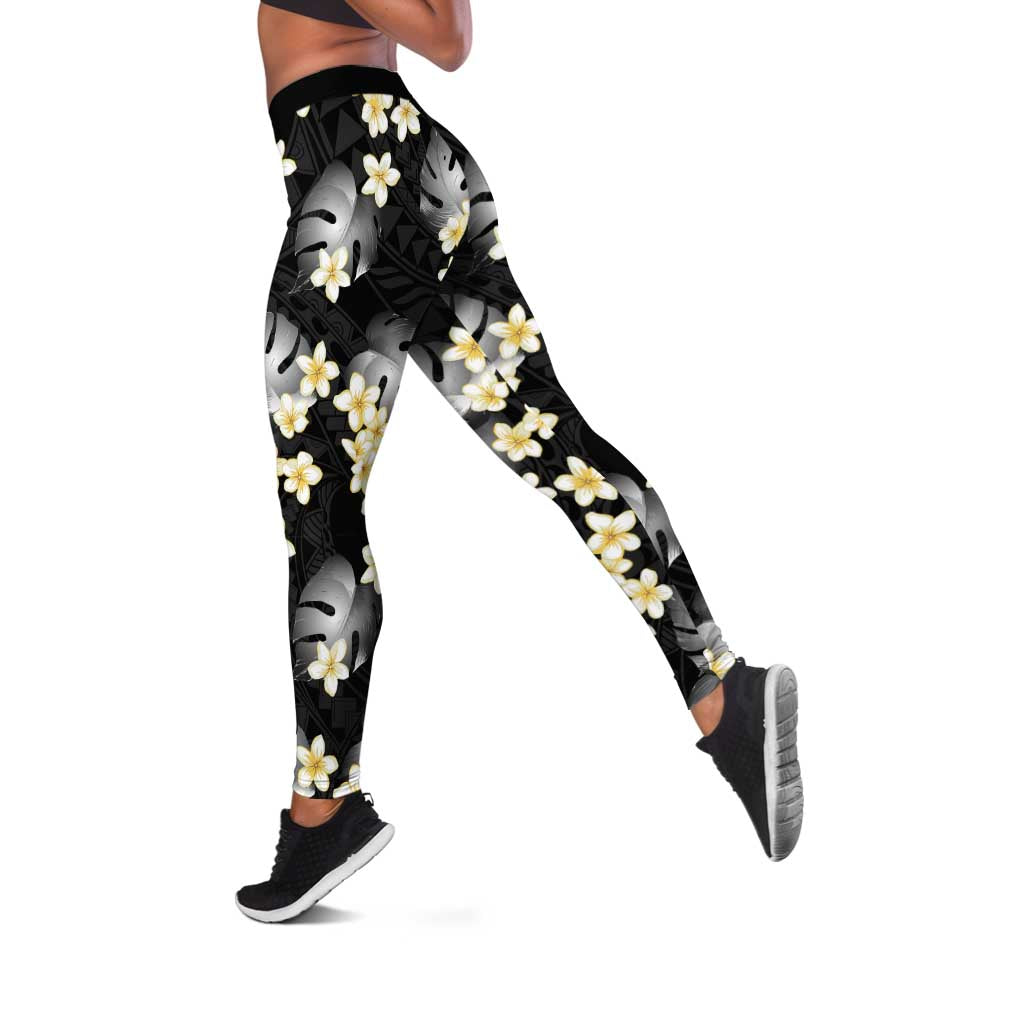 Black Tropical Hawaii Leggings Seamless Monstera Plumeria Hawaiian Pattern - Polynesian Pride