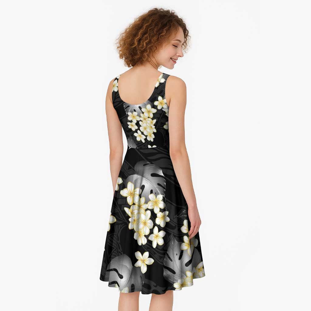 Black Tropical Hawaii Midi Dress Seamless Monstera Plumeria Hawaiian Pattern - Polynesian Pride