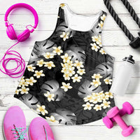 Black Tropical Hawaii Women Racerback Tank Seamless Monstera Plumeria Hawaiian Pattern LT14 Black - Polynesian Pride