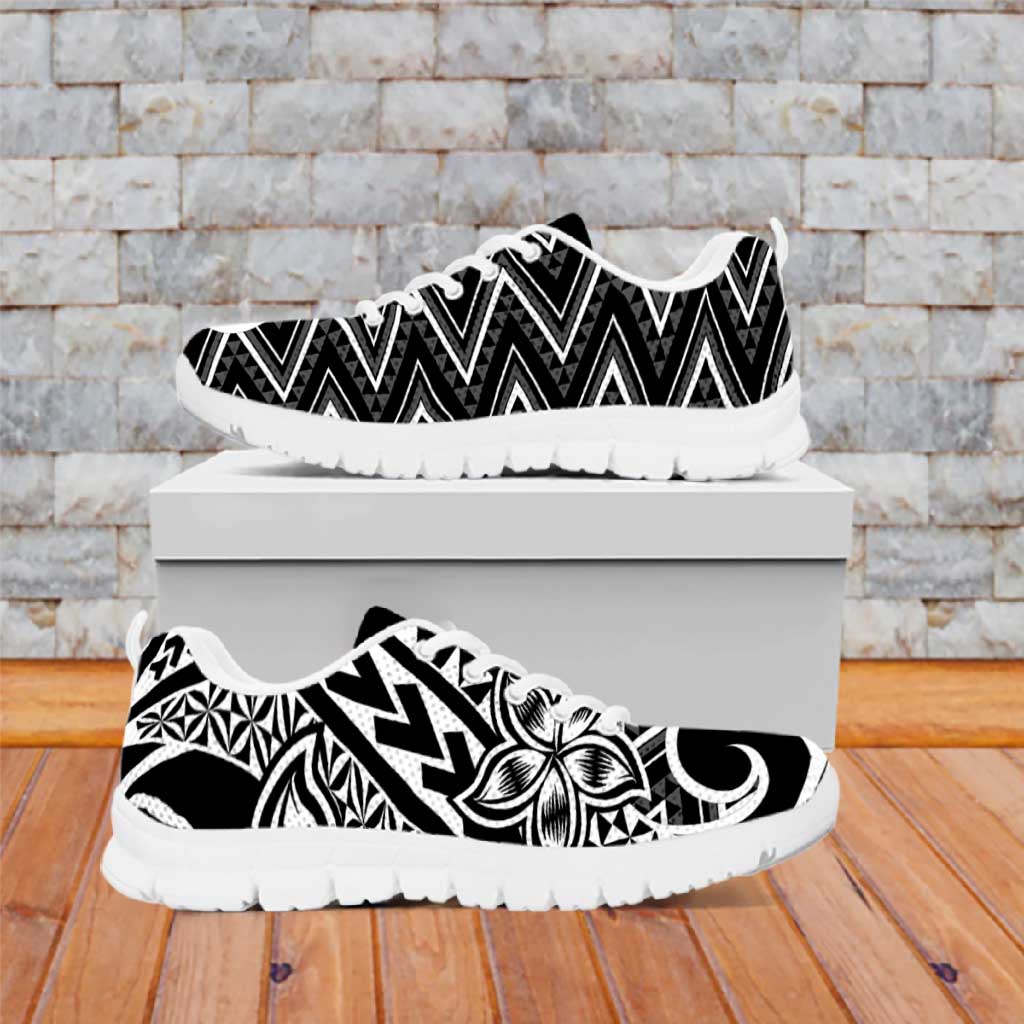 Black White New Zealand Taniko Motifs Sneakers Aotearoa Maori Plumeria Curve Style