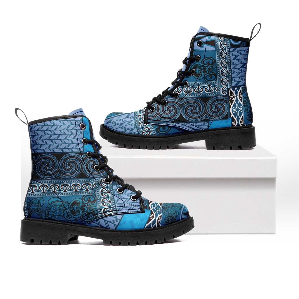Blue Aotearoa Kowhaiwhai Pattern Leather Boots NZ Maori Quilt Style - Polynesian Pride