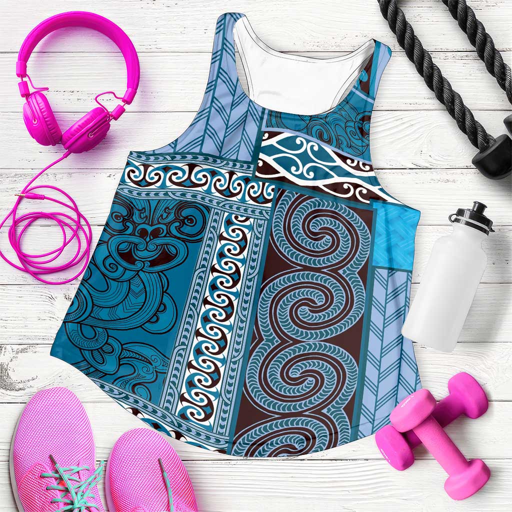 Blue Aotearoa Kowhaiwhai Pattern Women Racerback Tank NZ Maori Quilt Style LT14 Blue - Polynesian Pride