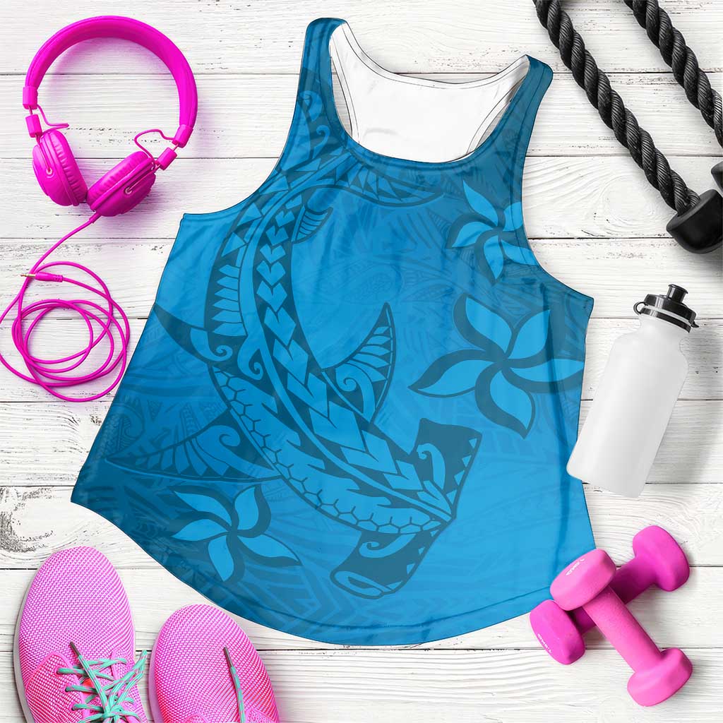 Blue Gradient Polynesia Women Racerback Tank Hawaiian Tribal Hammerhead Shark Tattoo - Polynesian Pride