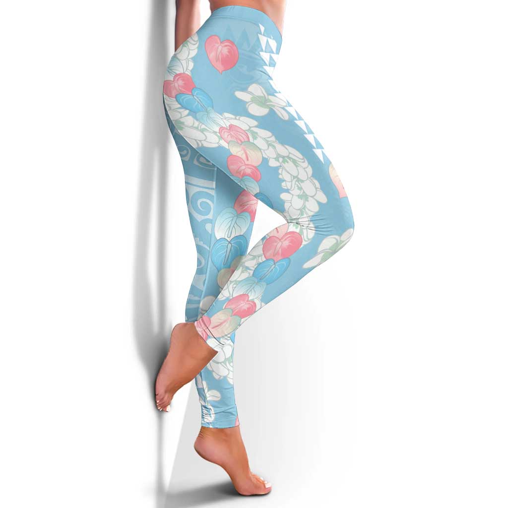 Blue Hawaii Anthurium Plumeria Lei Leggings