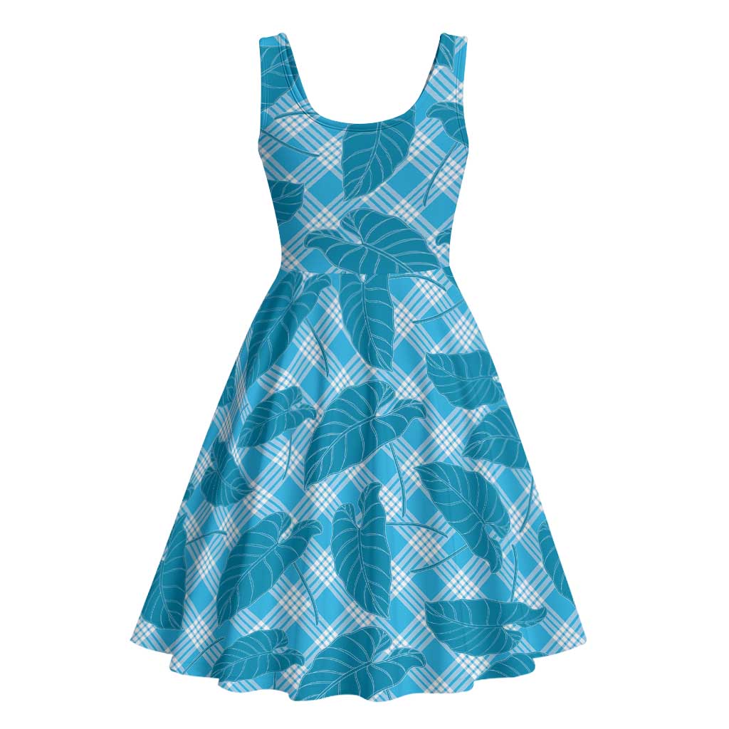 Blue Hawaii Kalo Palaka Motifs Midi Dress Hawaiian Taro Leaves Elegant Vibes