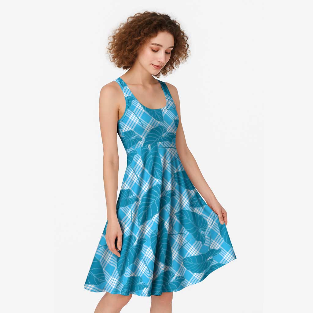 Blue Hawaii Kalo Palaka Motifs Midi Dress Hawaiian Taro Leaves Elegant Vibes