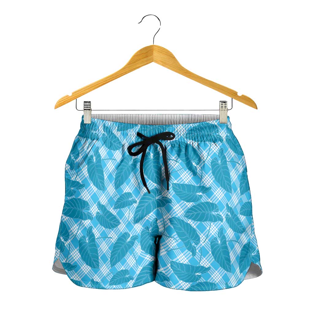 Blue Hawaii Kalo Palaka Motifs Shorts for Women Hawaiian Taro Leaves Elegant Vibes