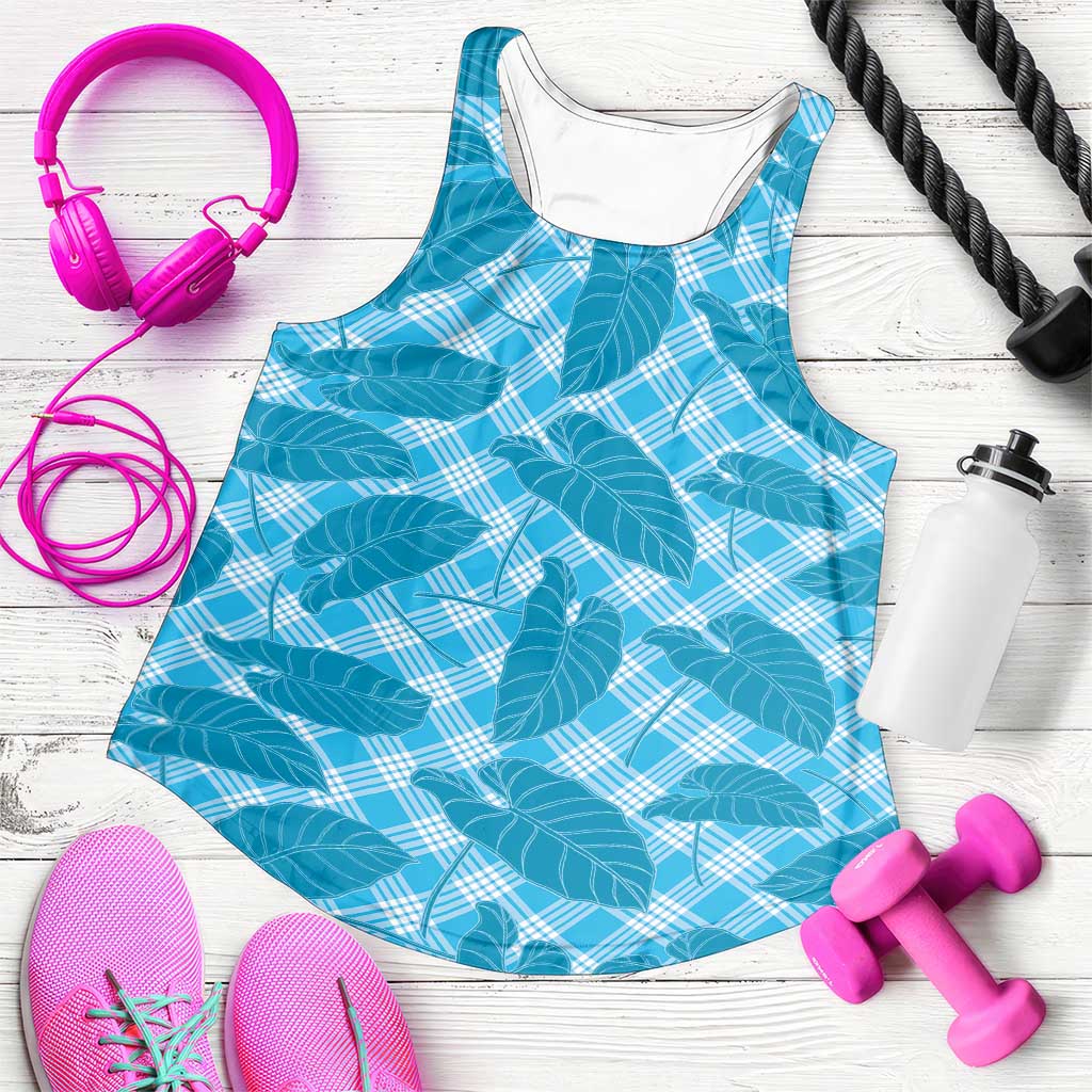 Blue Hawaii Kalo Palaka Motifs Women Racerback Tank Hawaiian Taro Leaves Elegant Vibes LT14 Blue - Polynesian Pride