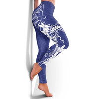 Blue Hawaii Leggings Hammerhead Shark Tattoo Curve Polynesian - Polynesian Pride