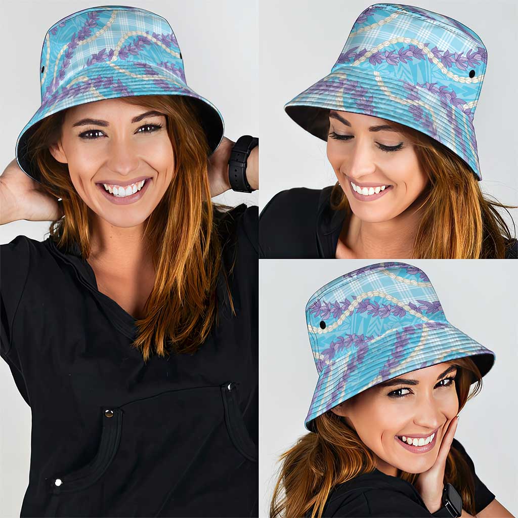 Blue Hawaii Palaka Honohono Pikake Bucket Hat Hawaiian Orchid Lei Polynesian Pattern - Polynesian Pride