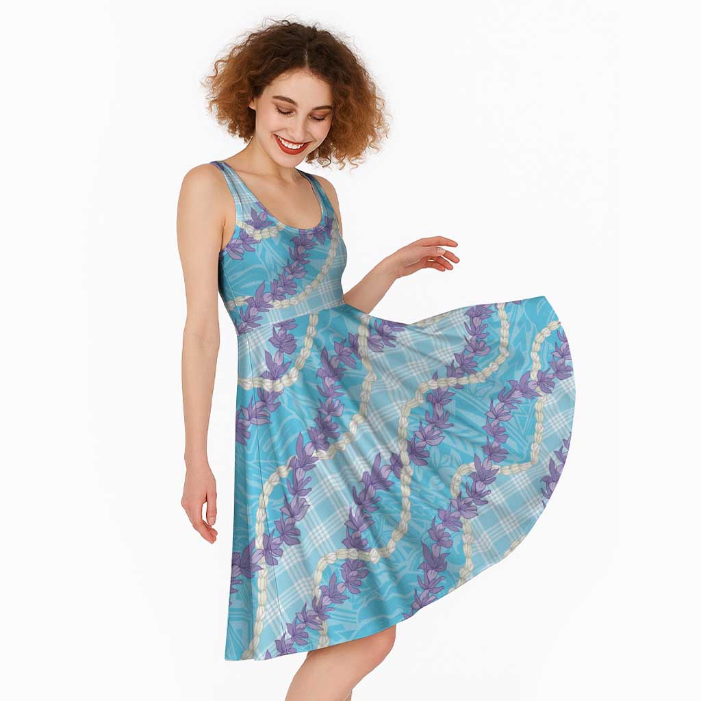 Blue Hawaii Palaka Honohono Pikake Midi Dress Hawaiian Orchid Lei Polynesian Pattern - Polynesian Pride