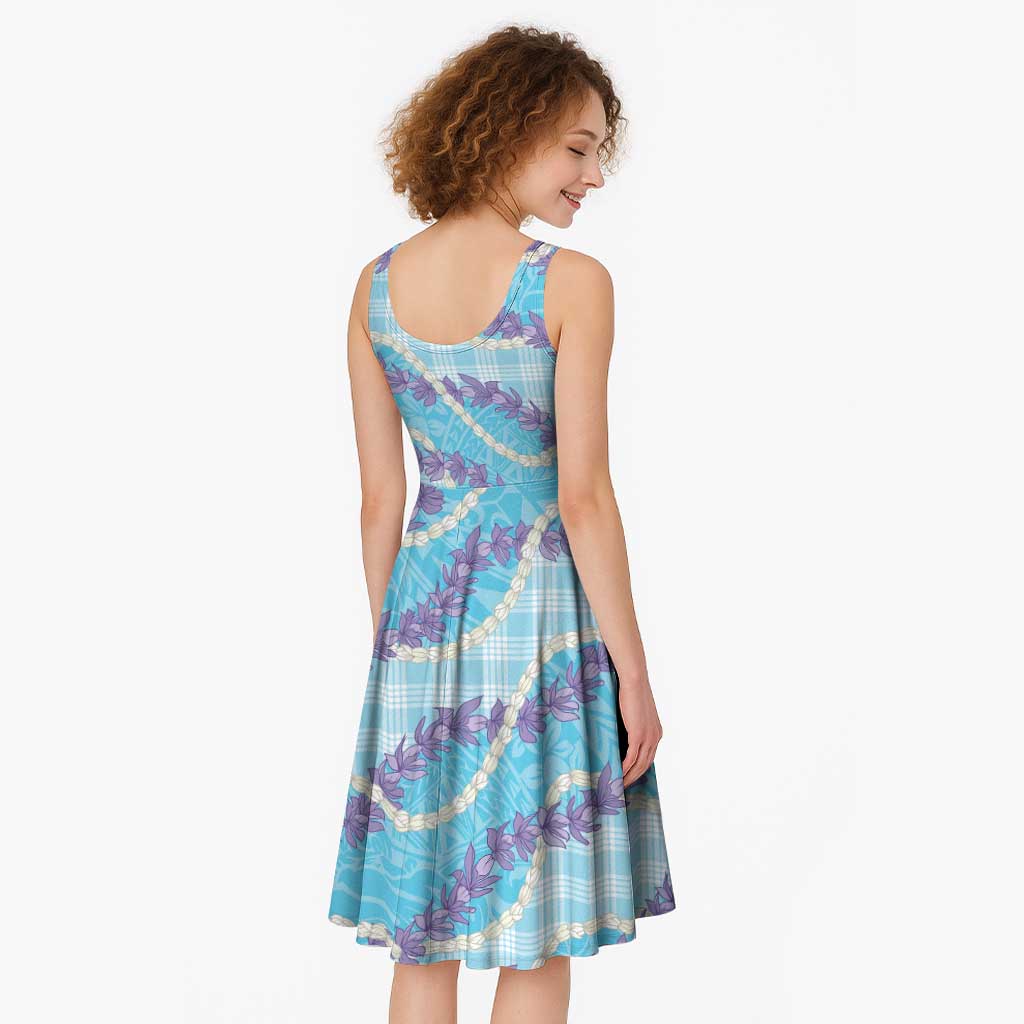 Blue Hawaii Palaka Honohono Pikake Midi Dress Hawaiian Orchid Lei Polynesian Pattern - Polynesian Pride
