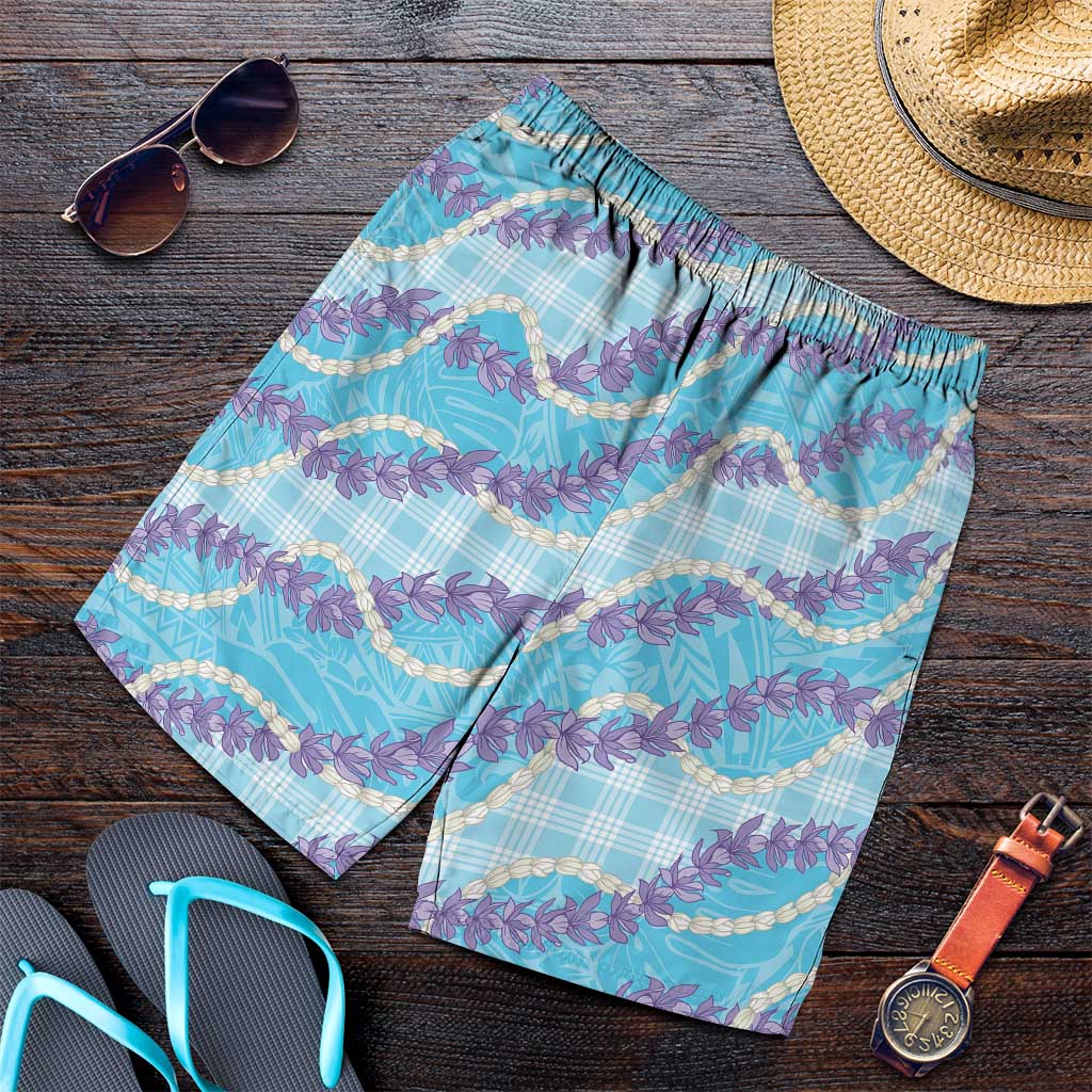 Blue Hawaii Palaka Honohono Pikake Shorts for Men Hawaiian Orchid Lei Polynesian Pattern - Polynesian Pride