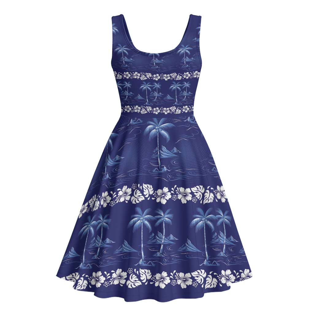 Blue Hawaii Palm Tree Hibiscus Midi Dress Fantasy Summer Vibe LT01 - Polynesian Pride