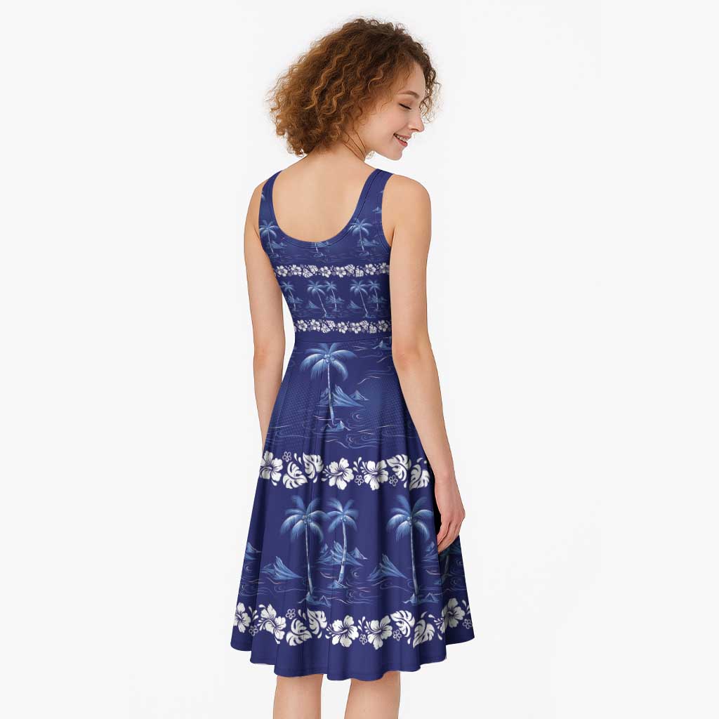 Blue Hawaii Palm Tree Hibiscus Midi Dress Fantasy Summer Vibe LT01 - Polynesian Pride