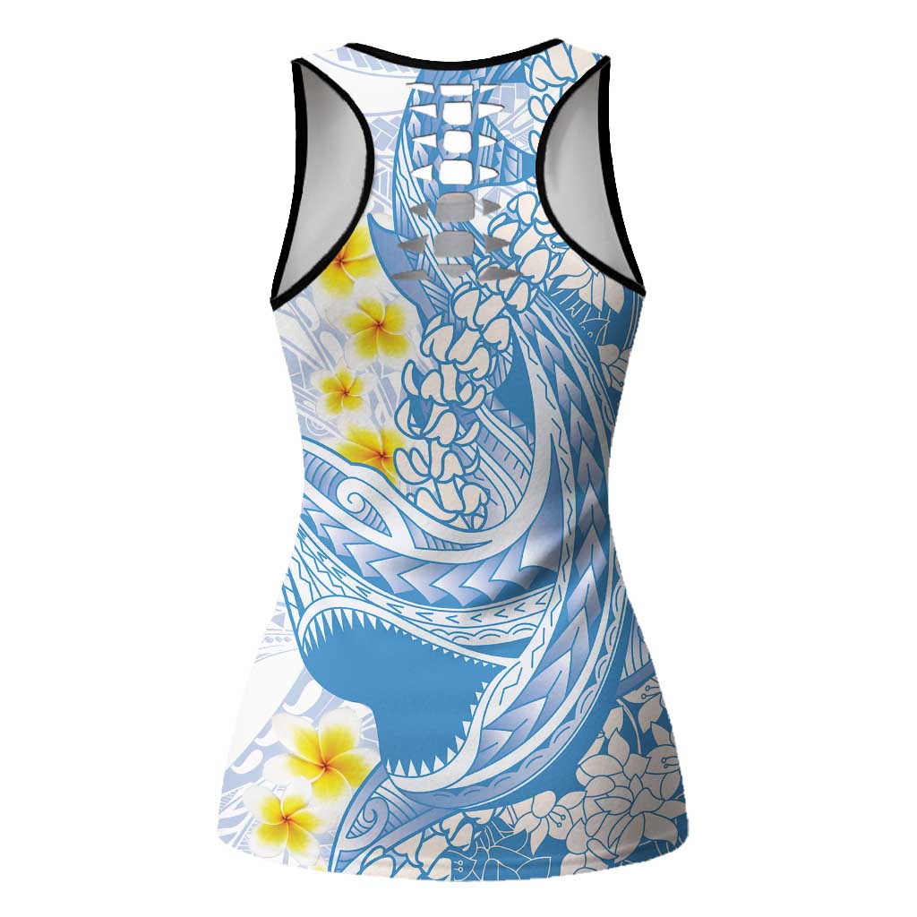 Blue Hawaii Shark Tattoo Hollow Tank Top Puakenikeni Lei Plumeria Polynesian Pattern