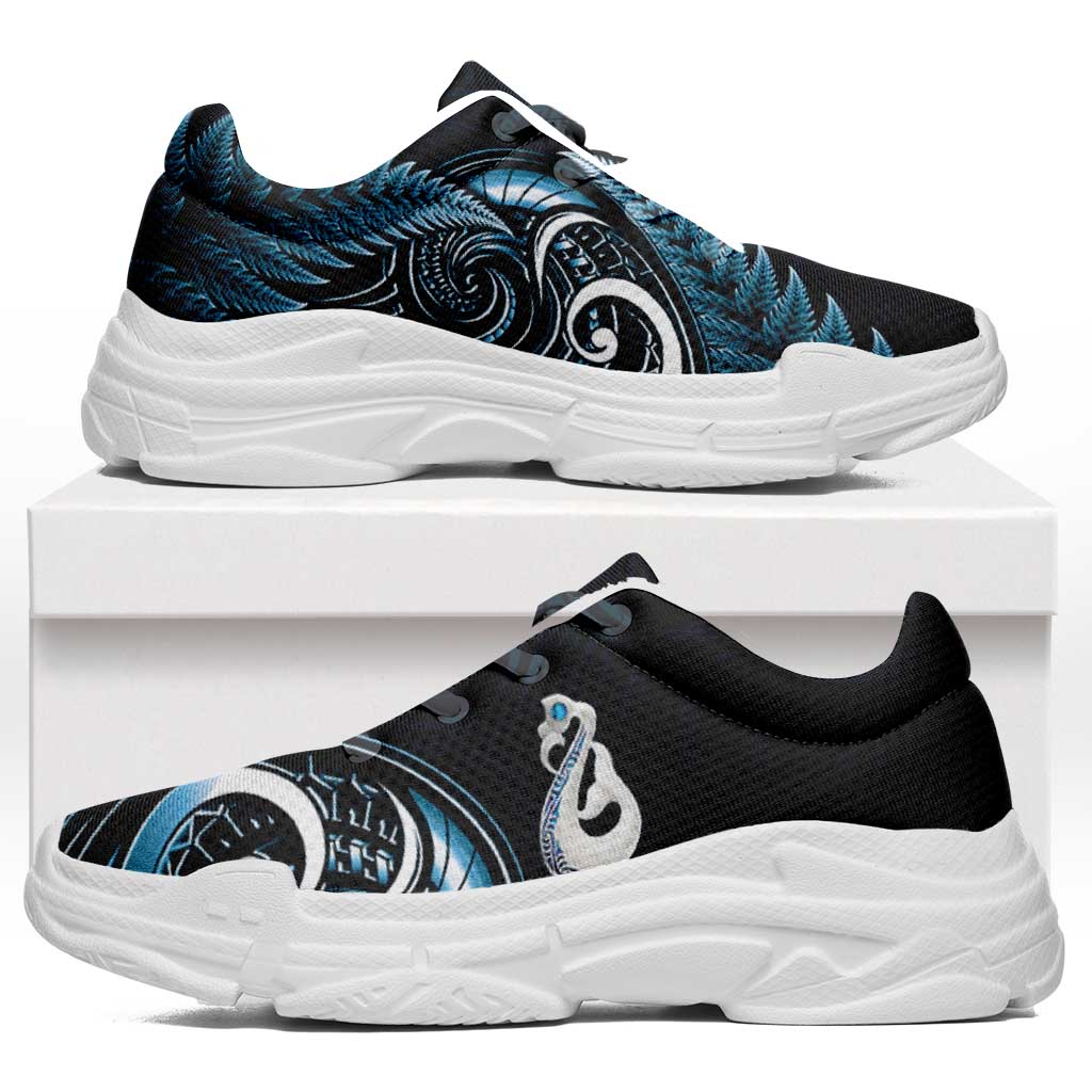 Blue New Zealand Chunky Sneakers Aotearoa Silver Fern With Manaia Maori Unique
