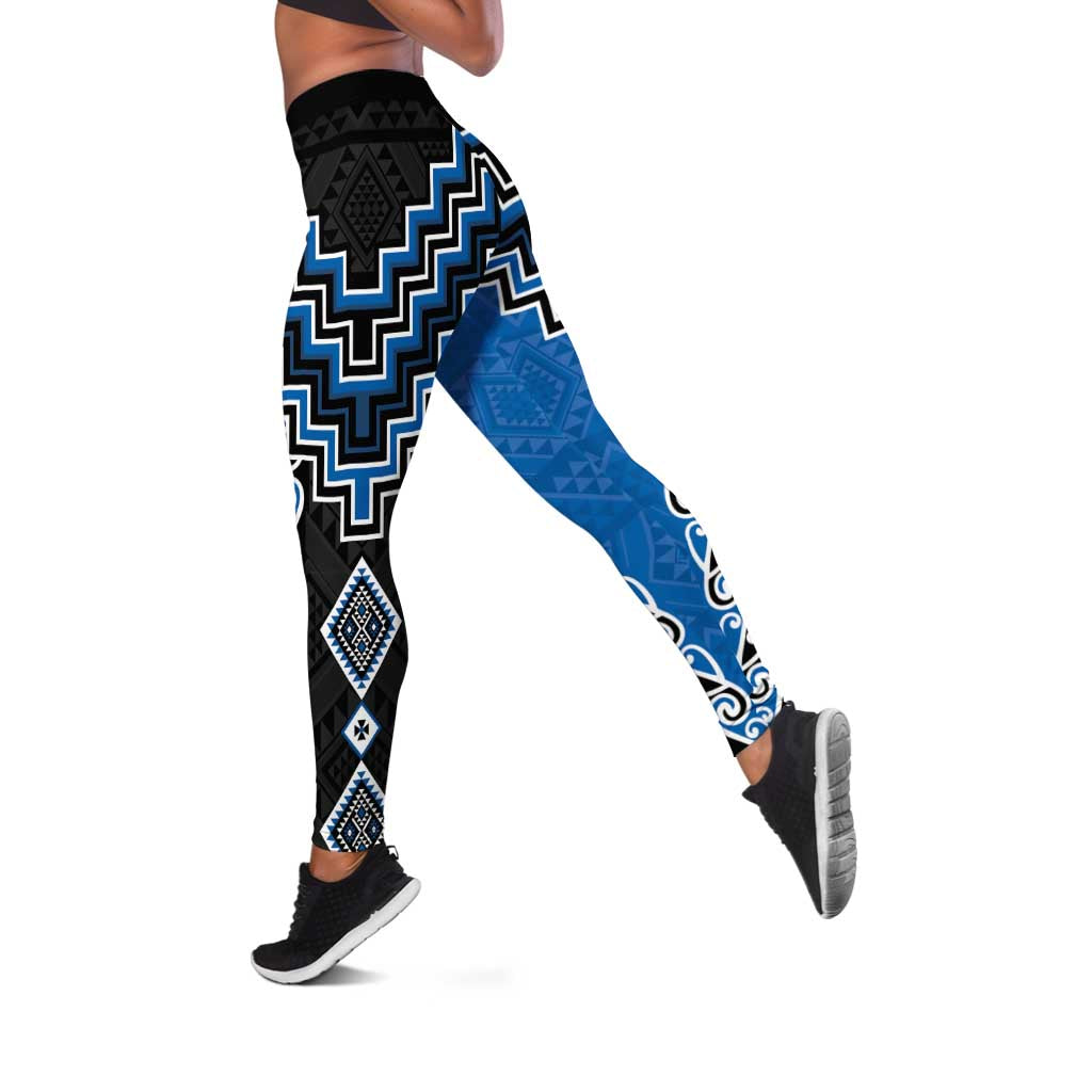 Blue Niho Taniwha Mix Poutama Leggings Unique Taniko Aotearoa - Polynesian Pride