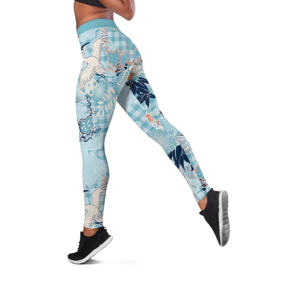 Blue Palaka Crane and Flowers Leggings Japan Heritage Spirit LT9 Blue - Polynesian Pride