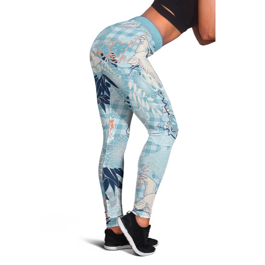Blue Palaka Crane and Flowers Leggings Japan Heritage Spirit LT9 - Polynesian Pride