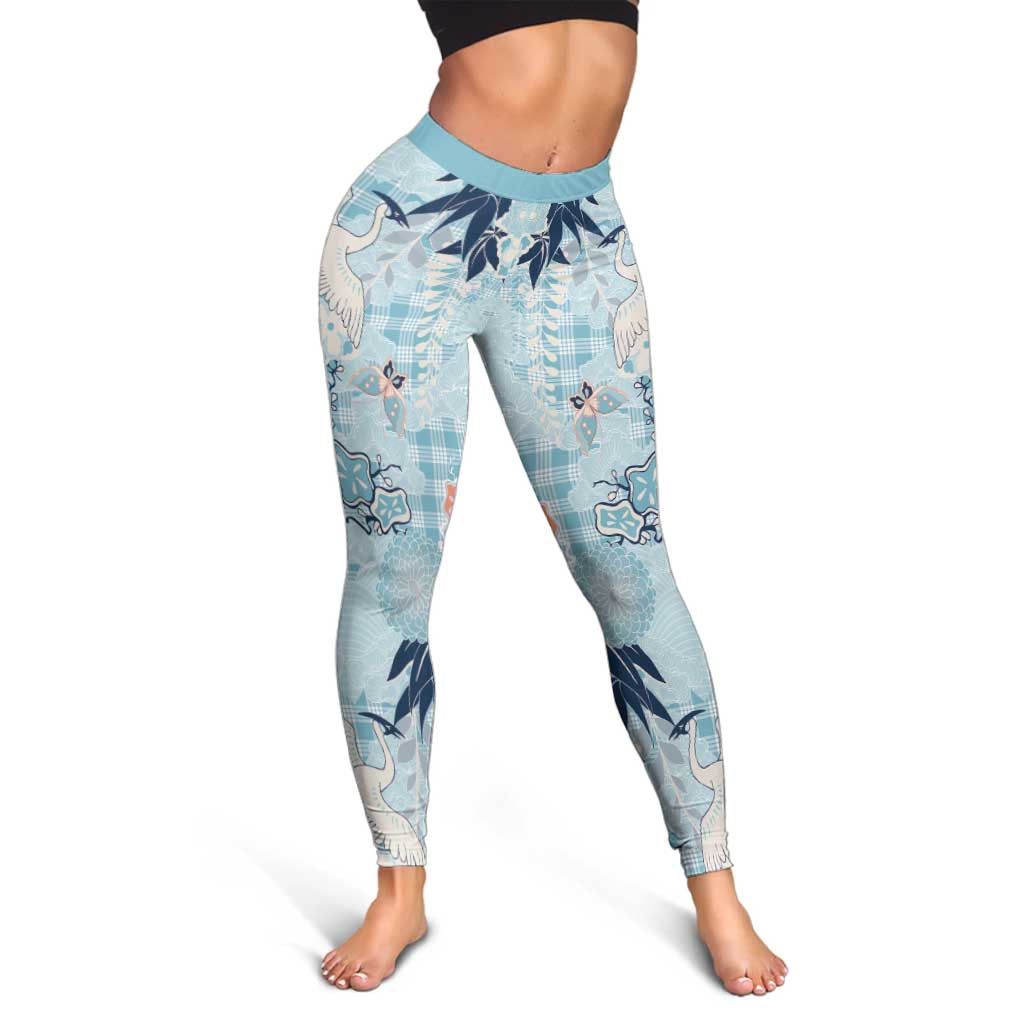 Blue Palaka Crane and Flowers Leggings Japan Heritage Spirit LT9 - Polynesian Pride