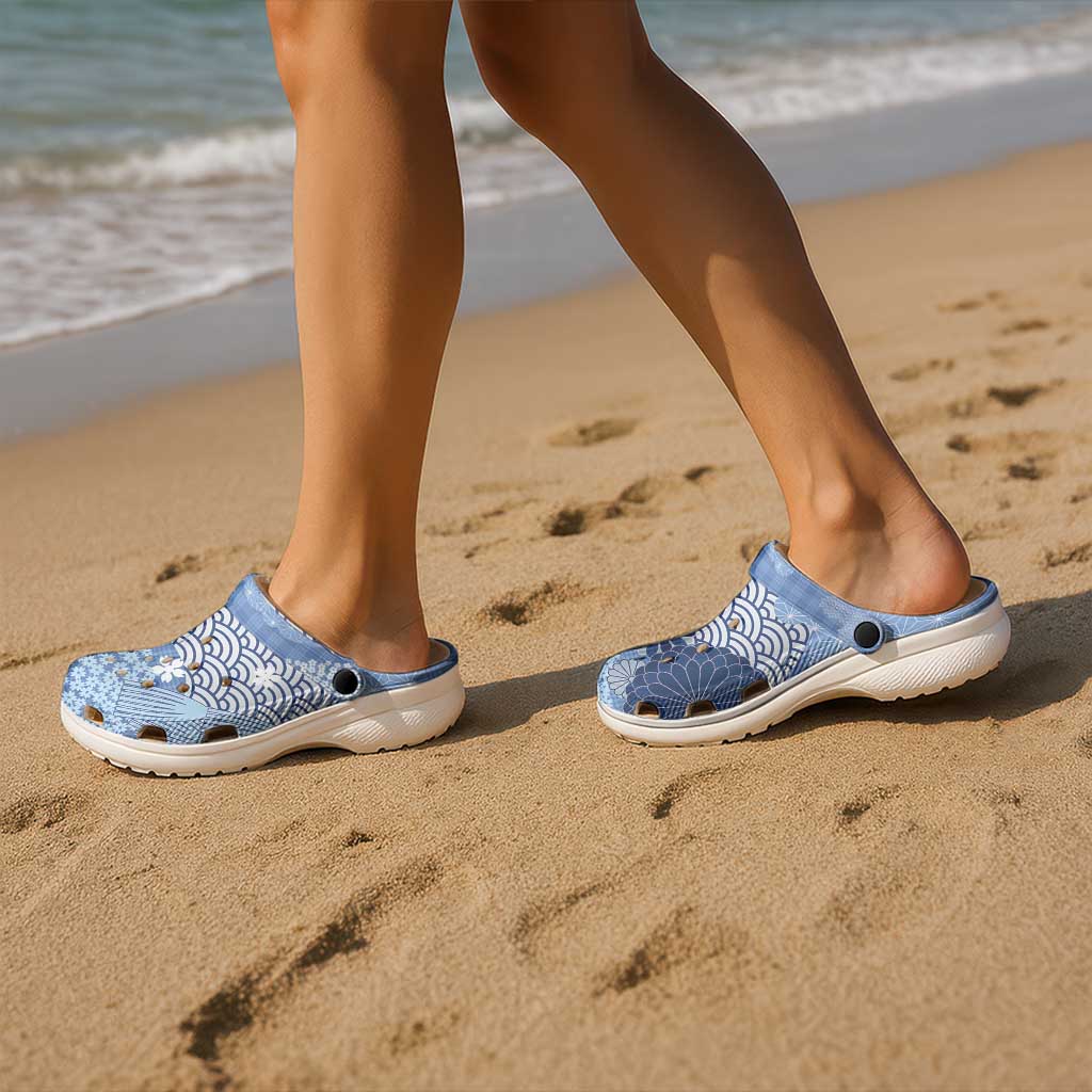Blue Palaka Japanese Traditional Clogs Shoes Asanoha Seigaiha Sakura Motif - Polynesian Pride