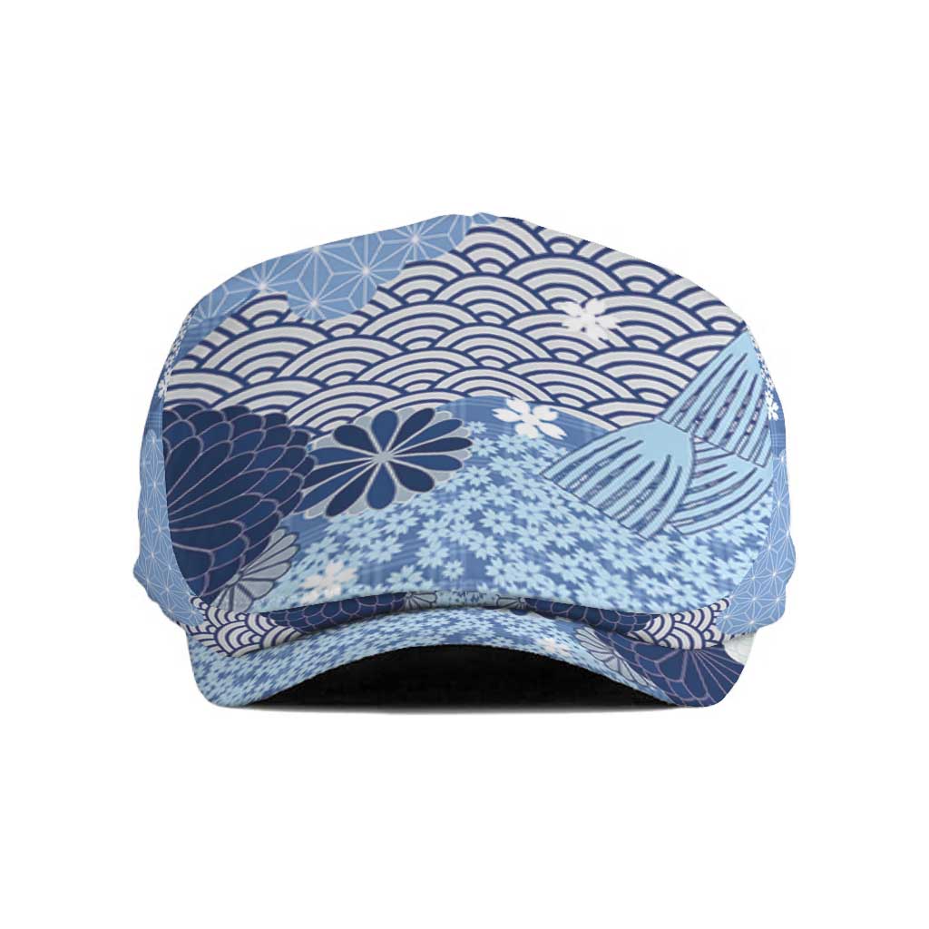 Blue Palaka Japanese Traditional Jeff Hat Asanoha Seigaiha Sakura Motif LT14 Blue - Polynesian Pride