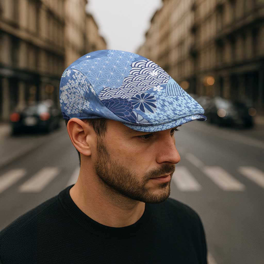 Blue Palaka Japanese Traditional Jeff Hat Asanoha Seigaiha Sakura Motif - Polynesian Pride