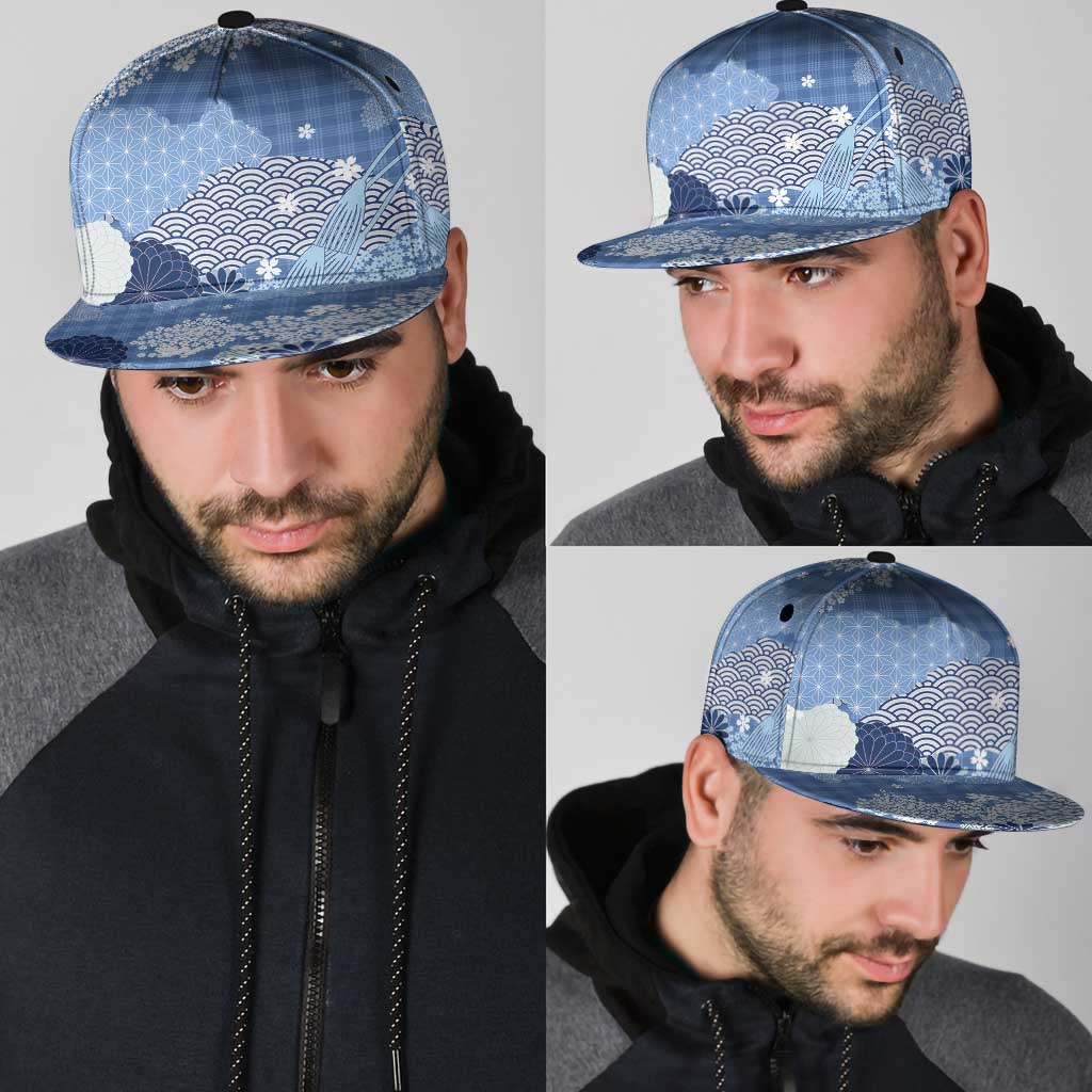 Blue Palaka Japanese Traditional Snapback Cap Asanoha Seigaiha Sakura Motif - Polynesian Pride
