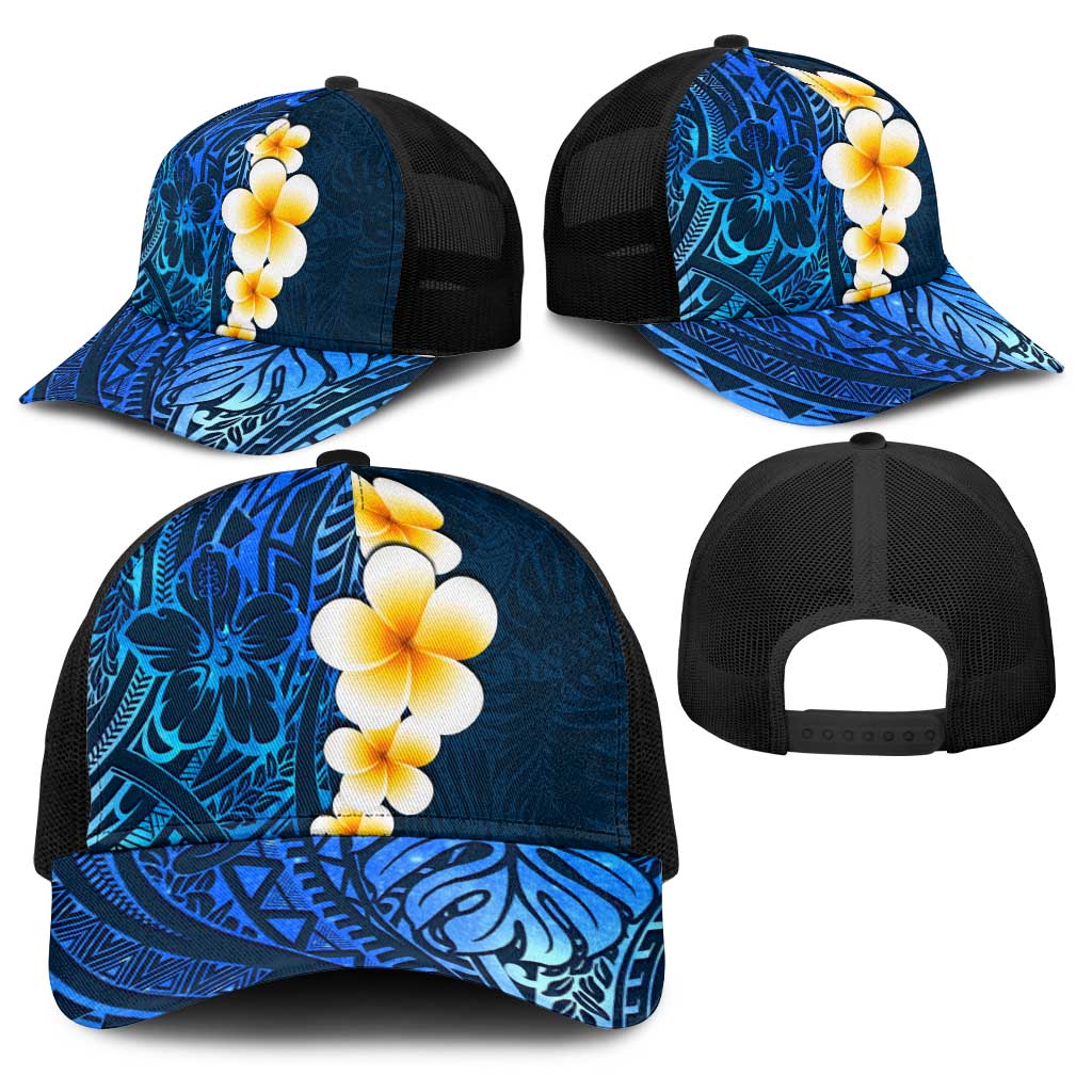 Blue Polynesia Baseball Net Cap Plumeria Tropical Leaves With Galaxy Polynesian Art - Polynesian Pride