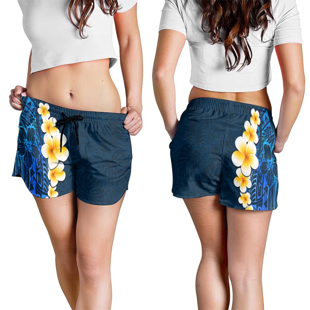 Blue Polynesia Shorts for Women Plumeria Tropical Leaves With Galaxy Polynesian Art LT14 - Polynesian Pride