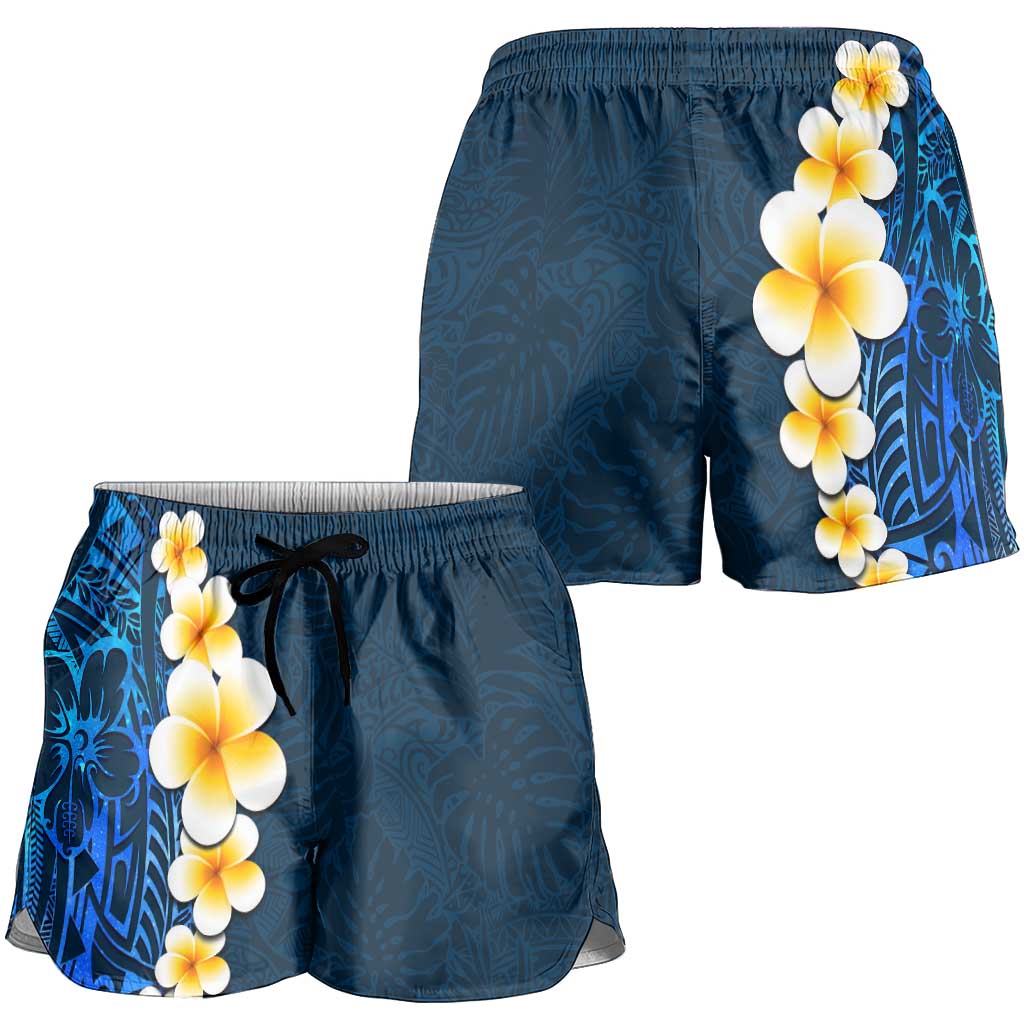 Blue Polynesia Shorts for Women Plumeria Tropical Leaves With Galaxy Polynesian Art LT14 - Polynesian Pride